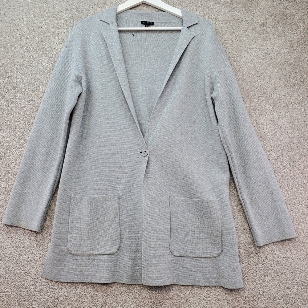 Talbots Cardigan Sweater‎ Womens Medium Gray Cotton Single Button Knit Blazer